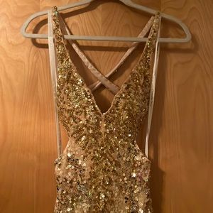 Gold sequin cut out open back long prom dress